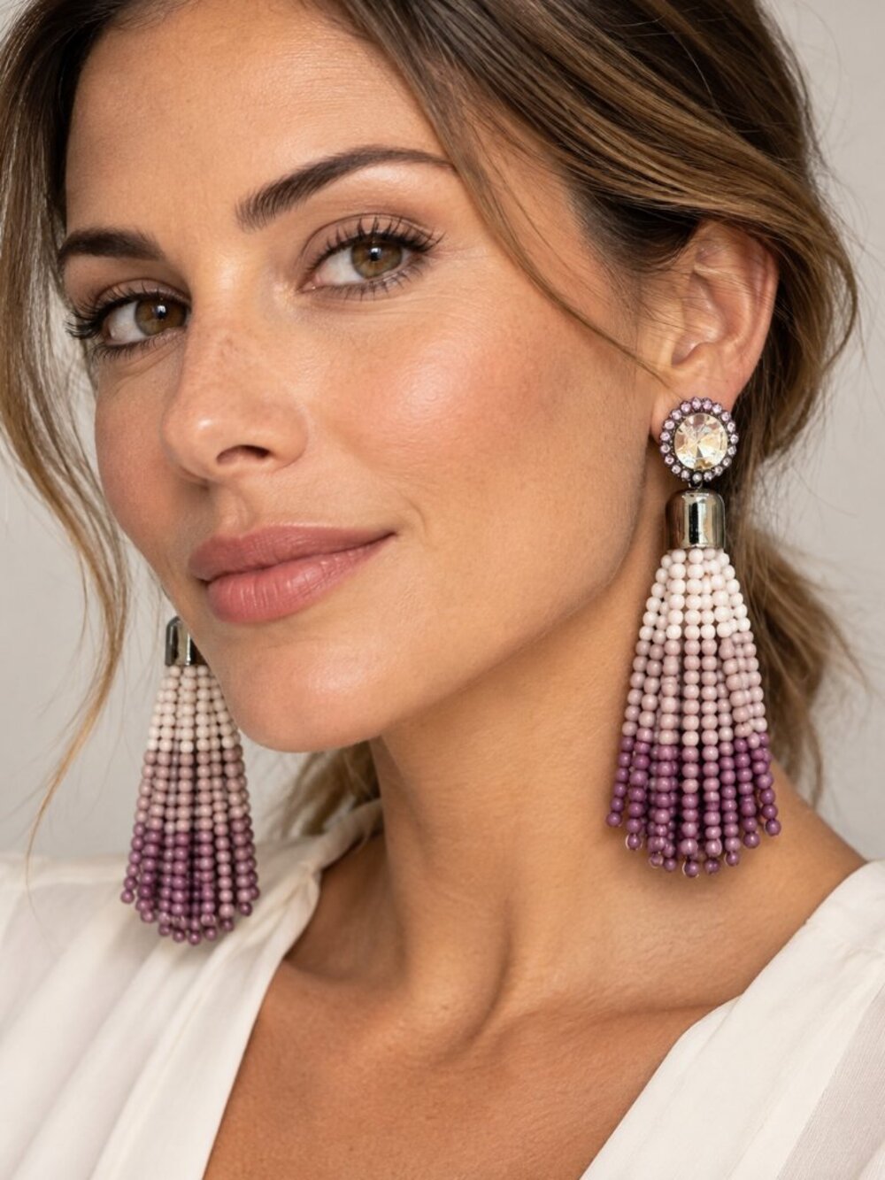 BaubleBar Pink & Purple Beaded Tassel Statement Earrings Rhinestone